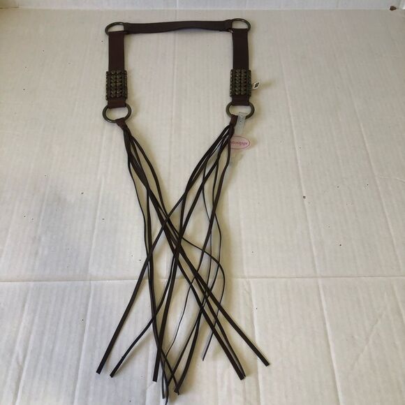 Brown Studded Fringe Tie Belt Size S Genuine Leather Trendy Western Boho Chic - Picture 2 of 7
